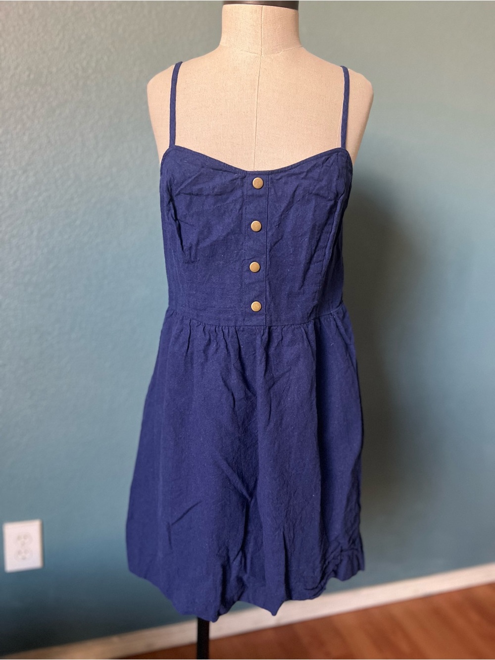 Petticoat Alley Navy Blue Linen-blend Spaghetti Strap Button-Front Mini Dress
